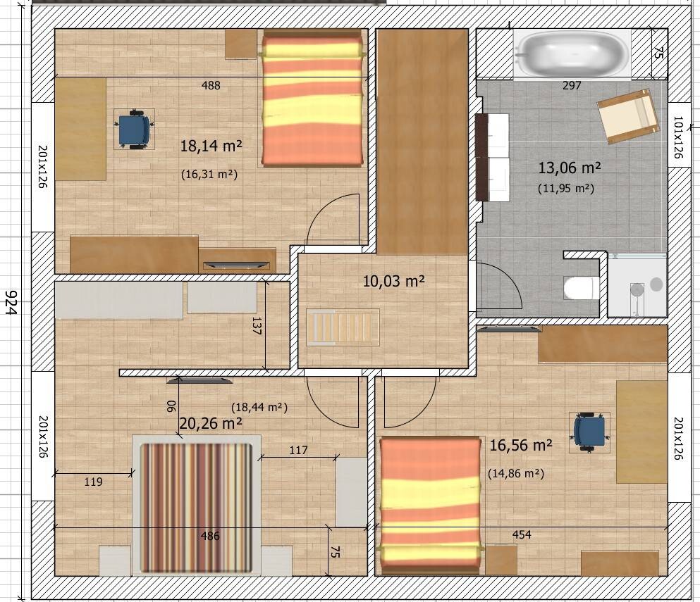 Grundriss einer Wohnung mit vier Schlafzimmern, Bad und Flur; Betten, Tische und Schränke.