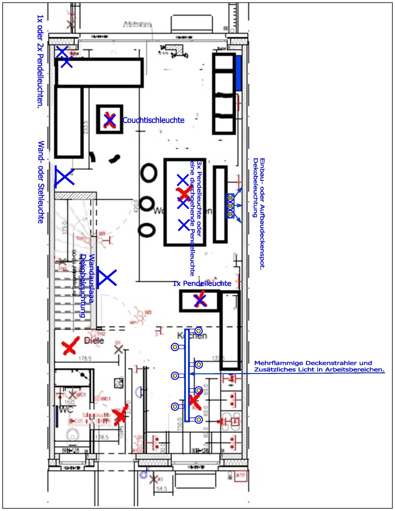 2D-Grundriss eines Innenraums mit Küche, WC und Beleuchtung