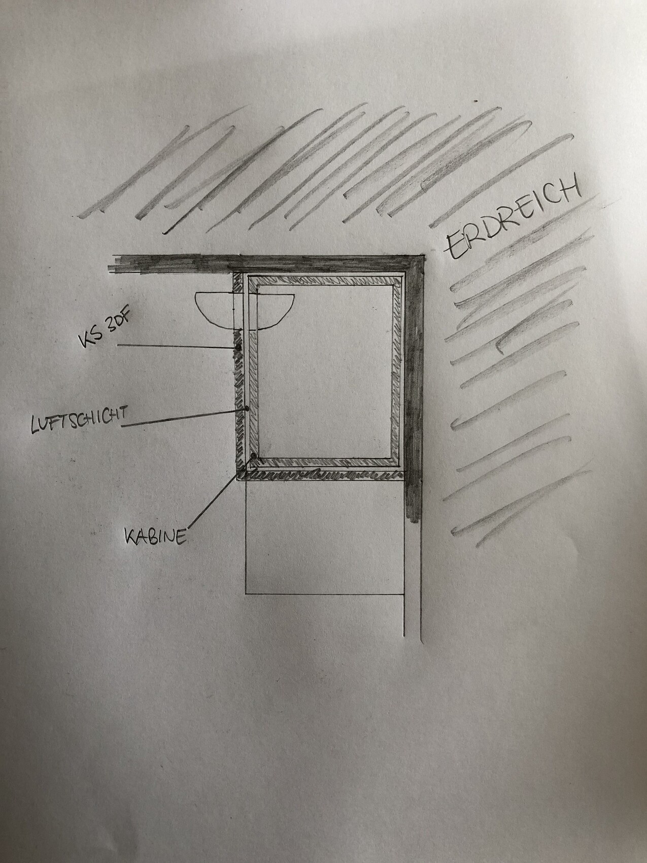Handgezeichnete Grundriss-Skizze einer Kabine mit Luftschicht in der Wand