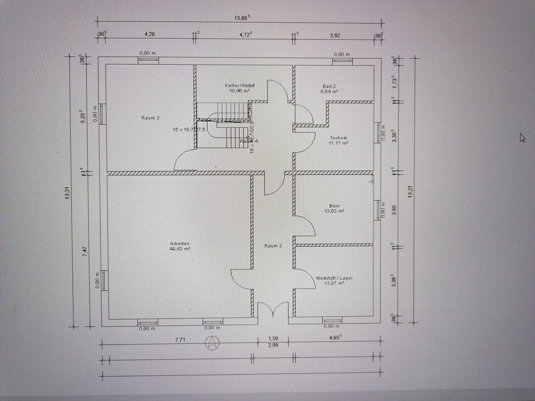 Grundriss eines Gebäudes mit Arbeitsbereich, Raum 2, Raum 3, Büro, Technik, Bad und Keller/Lager.
