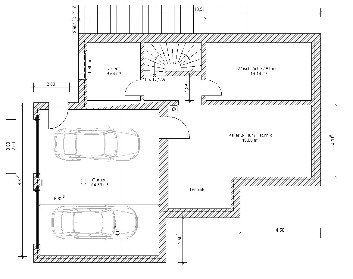 Grundriss Kellergeschoss mit Doppelgarage, Waschküche/Fitness, Technik, Kellerräume