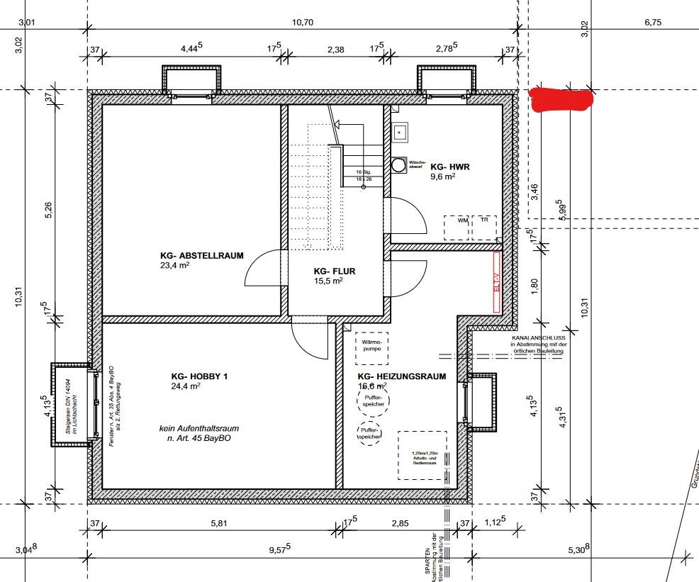 2D-Grundriss Kellergeschoss mit Flur, Abstellraum und Heizungsraum