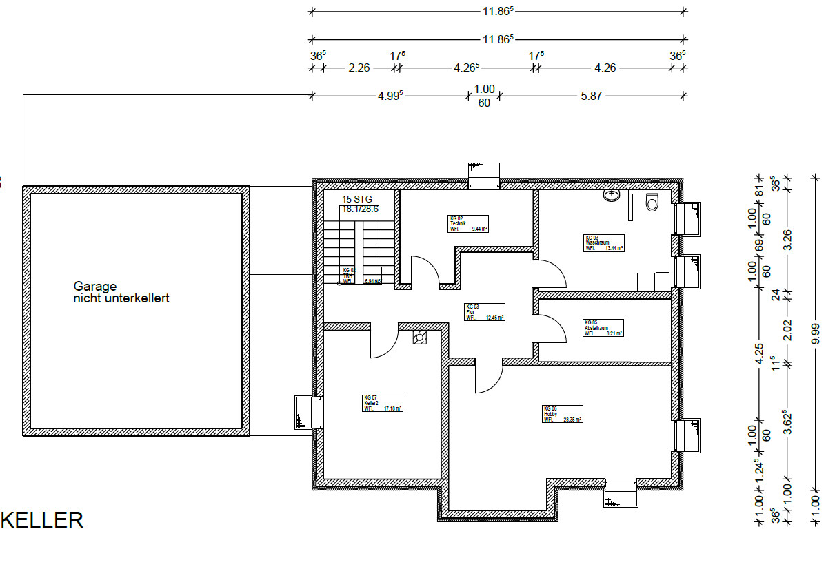Kellergrundriss eines Hauses mit Garage, Treppen und mehreren Räumen