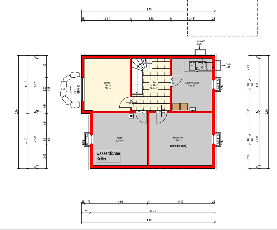 Kellergeschoss-Grundriss mit Zimmer, Hobbyraum, Technik/Waschen und Flur; rote Außenwände.