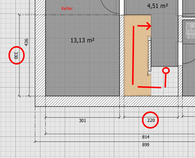 Grundrissplan Kellergeschoss mit Abmessungen, Wänden und Türen.
