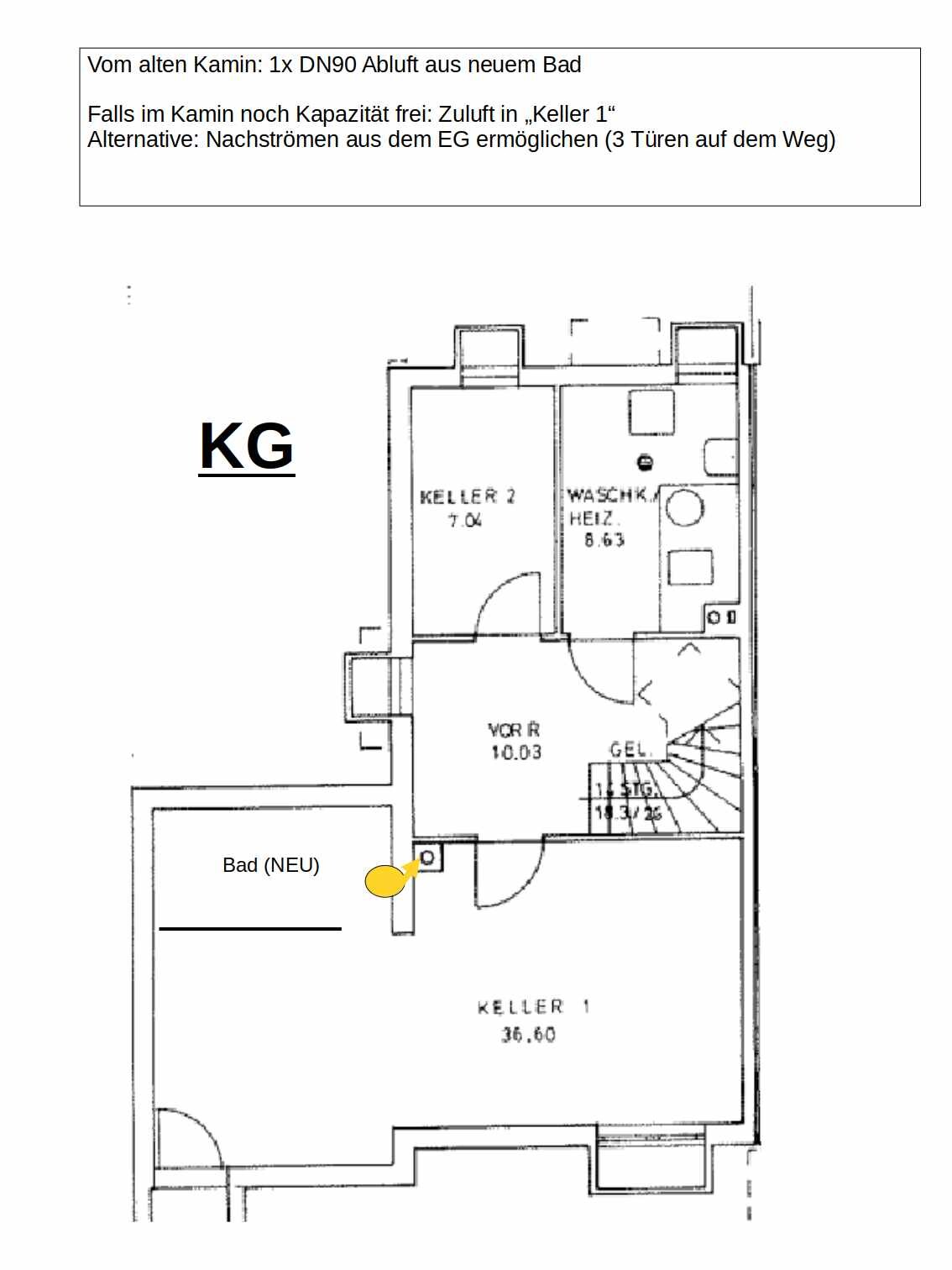 Kellergeschoss Grundriss mit Keller 1, Keller 2, Waschkeller und Bad neu