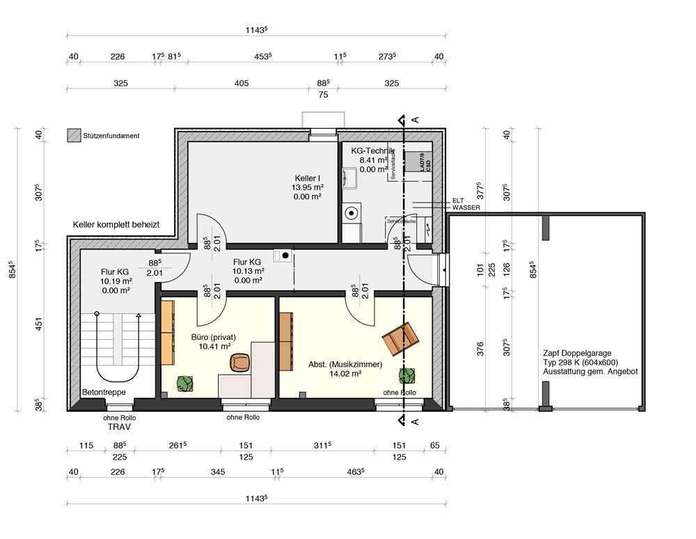 Grundriss Kellergeschoss mit Flur KG, Büro (privat), Abst. (Musikzimmer) und Garage