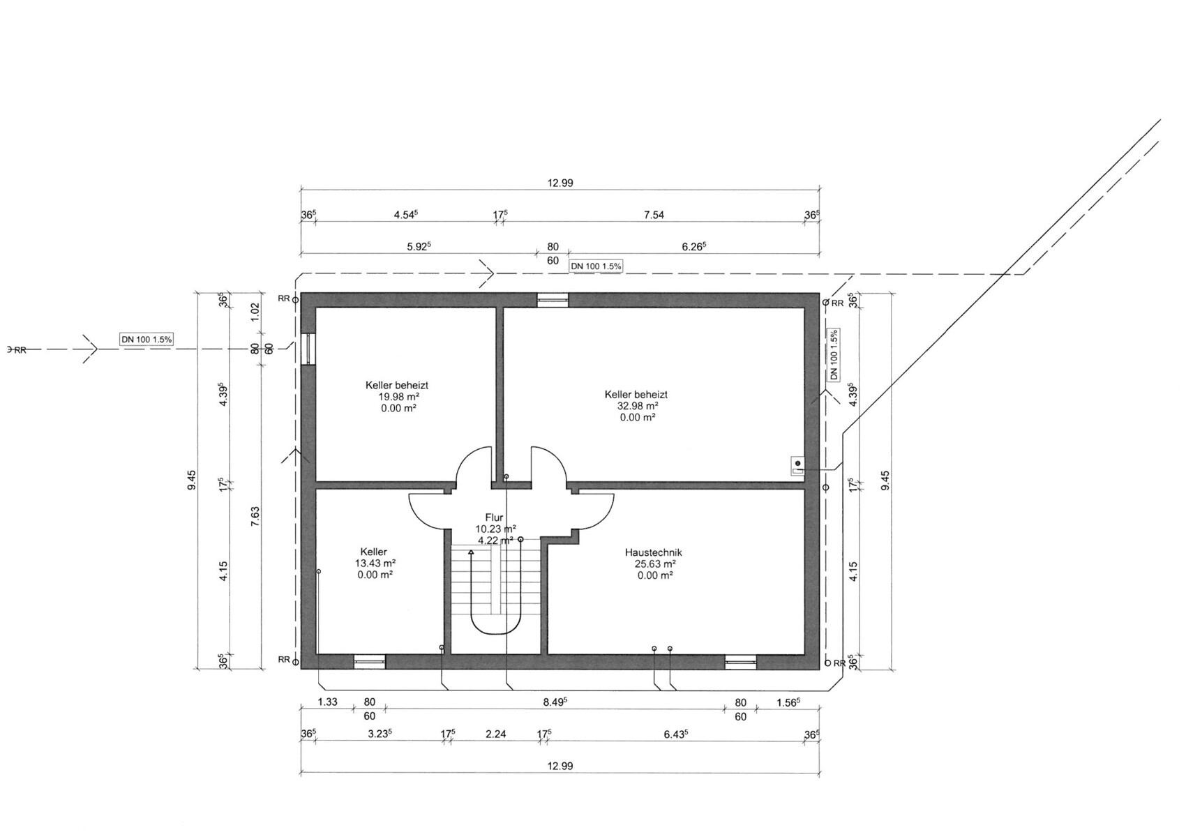 Architektur-Grundriss Kellergeschoss mit beheizten Räumen, Flur und Treppenhaus.