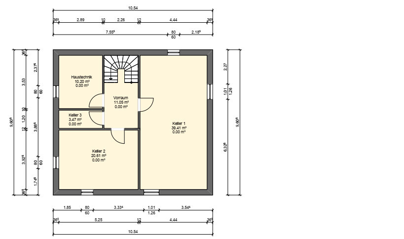 Grundriss Kellergeschoss mit drei Kellerräumen, Vorraum, Haustechnik und Treppe