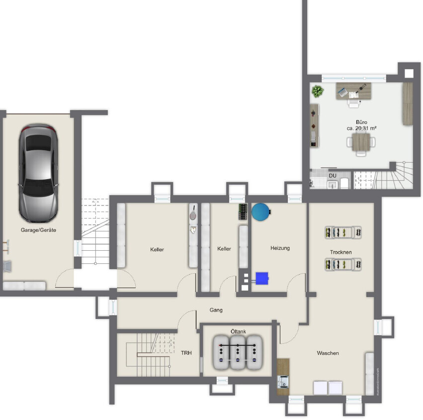 Grundriss Kellergeschoss: Garage mit Auto, zwei Kellerräume, Heizraum, Öltank, Waschen, Gang, Büro.