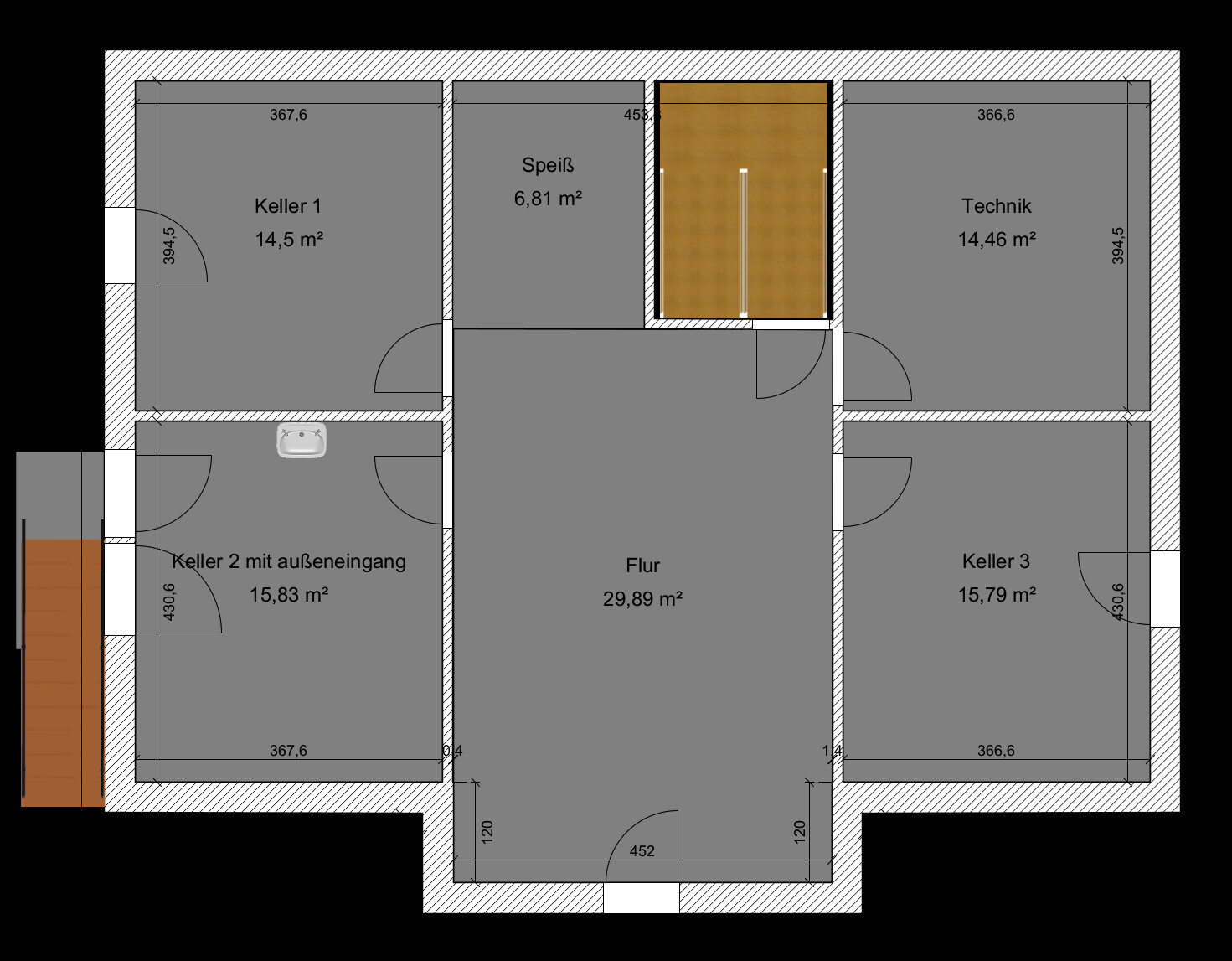 Grundrissplan eines Kellergeschosses mit Flur und Kellerräumen