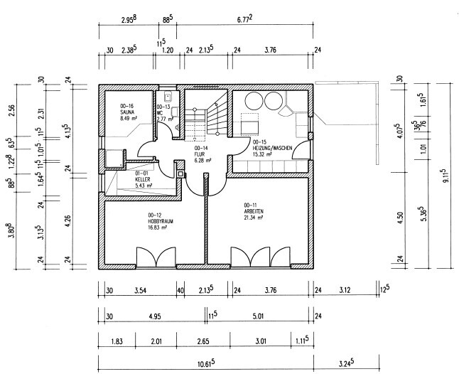 Grundriss eines Gebäudes: Flur, Sauna, Heizung/Wäsche, Arbeitsraum, Keller, Treppe.