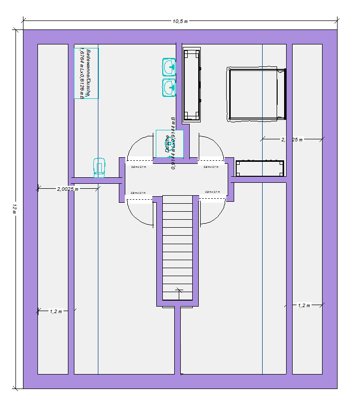 Grundriss eines Obergeschosses: zentraler Treppenaufgang, links Bad, rechts Schlafzimmer mit Bett.