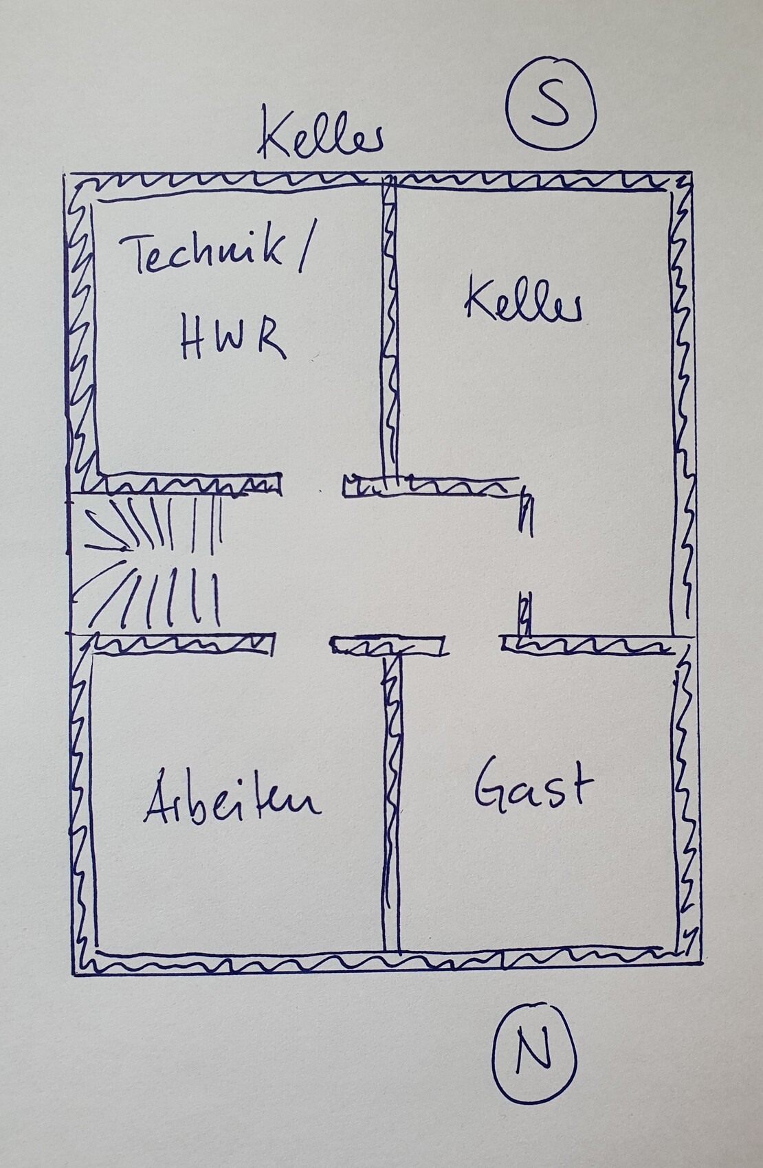 Grundriss: Technik/HWR links oben, Keller rechts, Arbeiten links unten, Gast rechts unten.