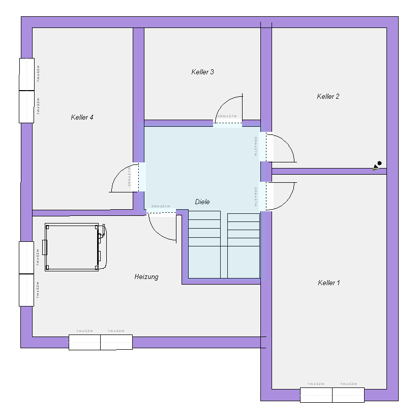2D Kellergrundriss mit Kellern 1-4, Diele, Heizung und Treppe