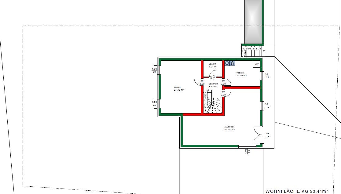 Grundriss eines Kellergeschosses mit Räumen, Treppenhaus und farblich markierten Wänden