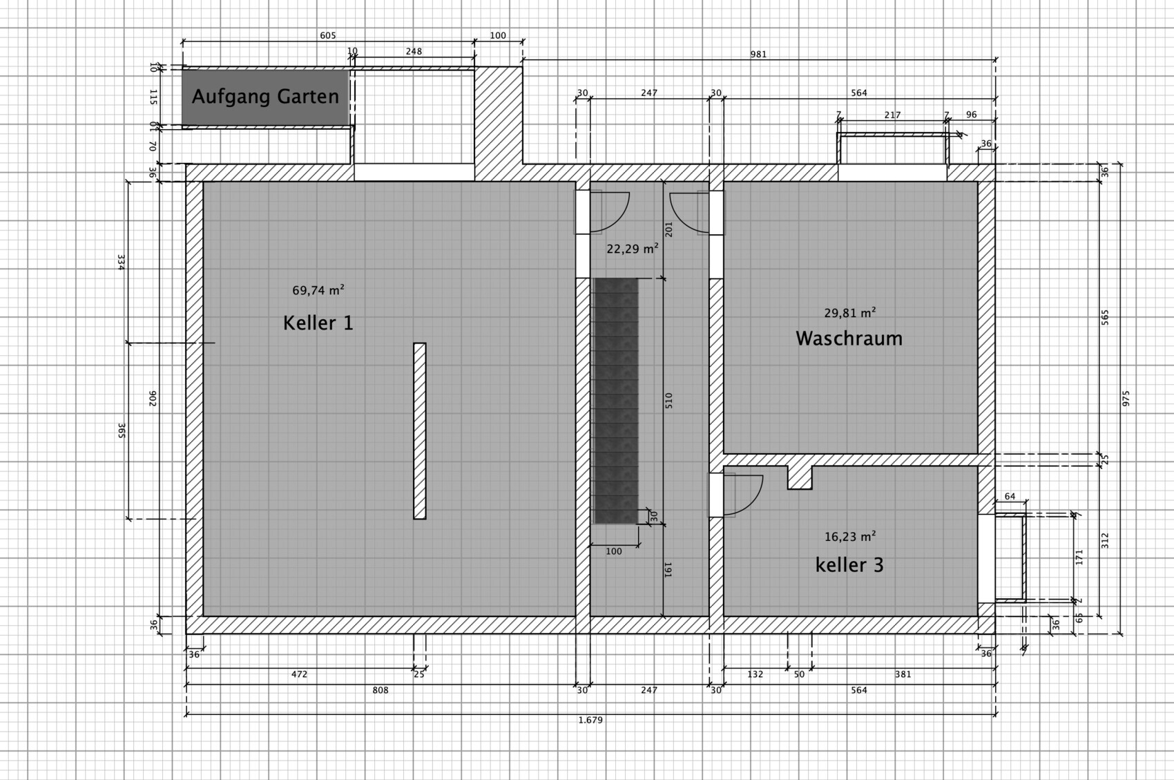 Detaillierter Kellergrundriss mit Keller 1 und Keller 3, Waschraum und Treppen im Untergeschoss