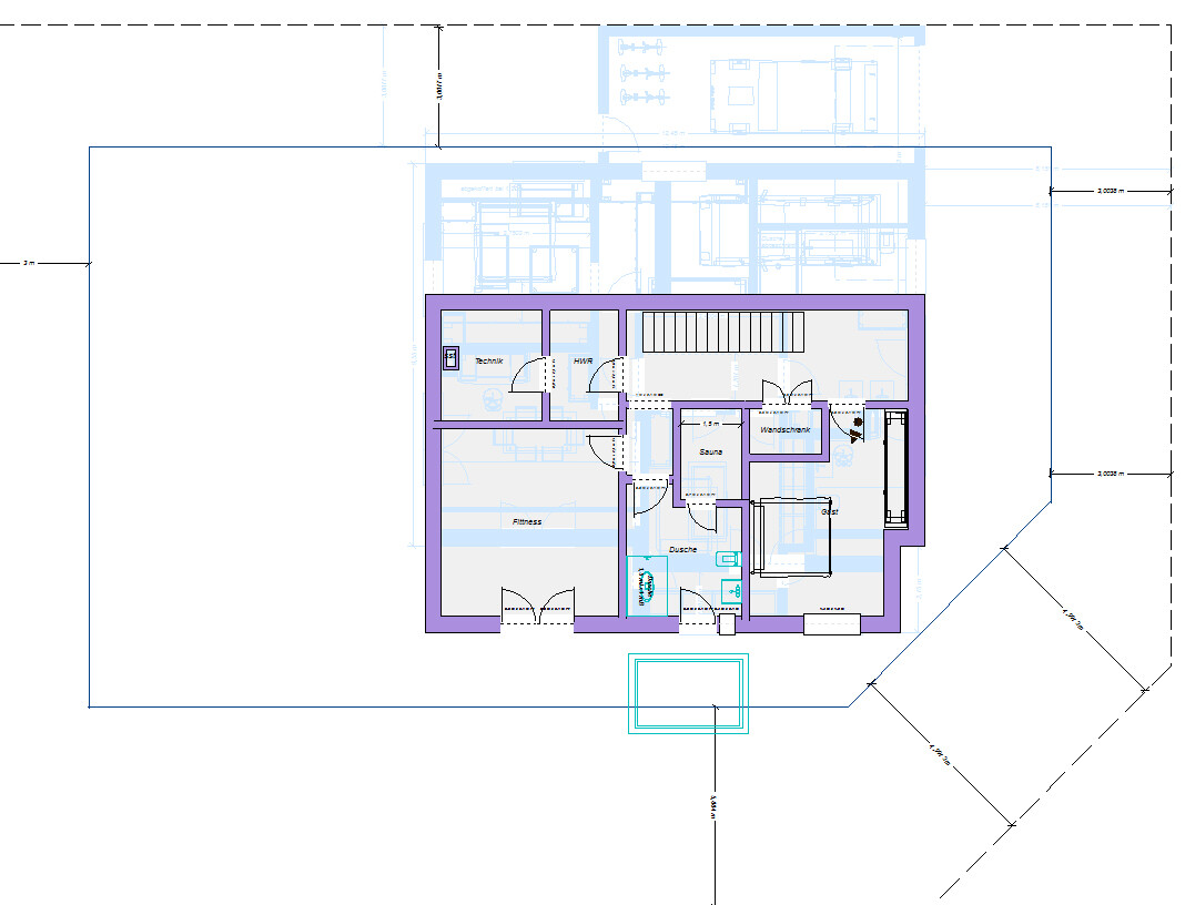 Grundriss eines Wohnraums mit Fitness, Sauna, Dusche, Technikraum und Hauswirtschaftsraum