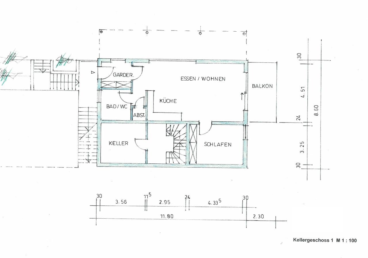 Kellergeschoss Grundriss mit Essen/Wohnen, Kuche, Schlafen, Bad/WC und Kellerraum