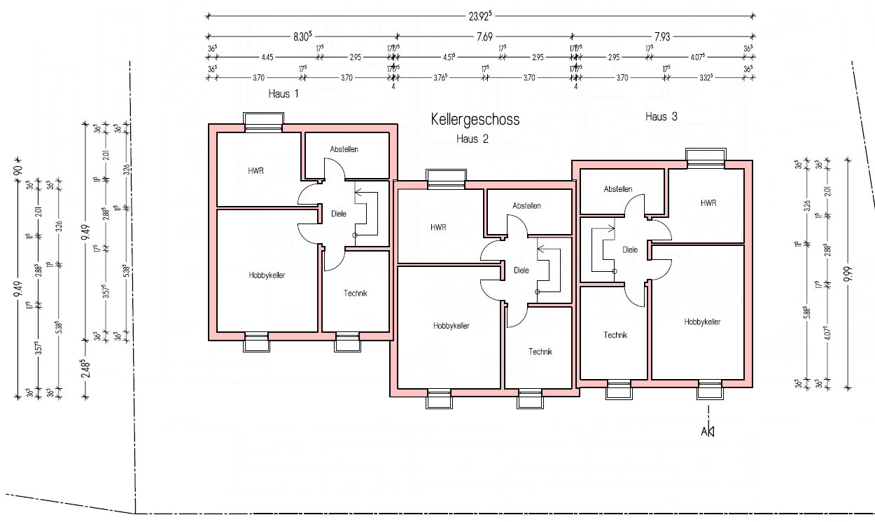 2D-Grundriss des Kellergeschosses eines Hauses mit Hobbykeller, Technik und HWR.