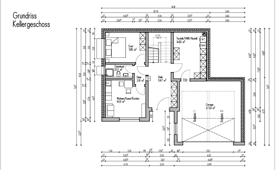 2D Grundriss Kellergeschoss mit Gästezimmer, Diele und Garage