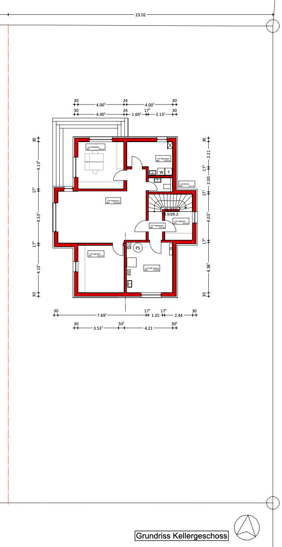 Kellergeschoss Grundriss: Plan eines Hauses mit roten Wänden, Türen und Treppenbereich.