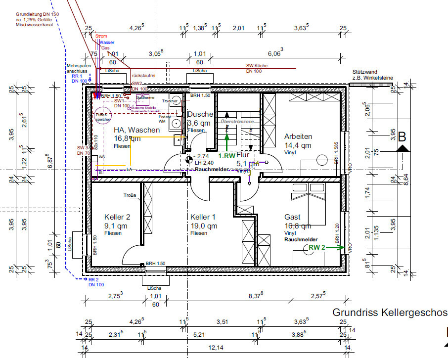 Kellergeschoss Grundriss mit Räumen: Keller 1, Keller 2, Gast, Arbeiten, Dusche, Waschen, Flur.