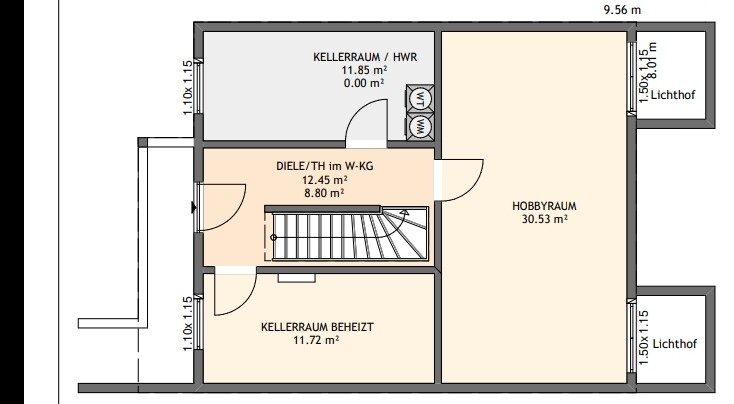 Grundriss Kellergeschoss: Hobbyraum, beheizter Kellerraum, Diele, HWR, Lichthöfe.