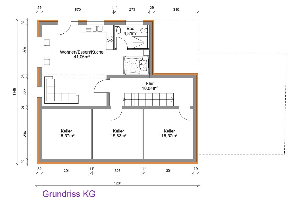 Grundriss Kellergeschoss: Flur, Bad, Wohnen/Essen/Küche, drei Kellerräume, Treppe.