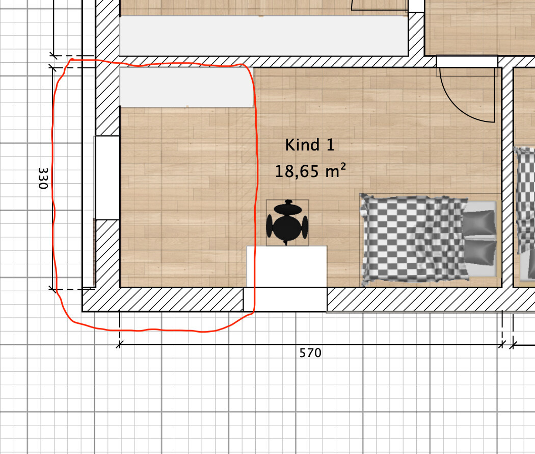 Grundriss eines Kinderzimmers: Kind 1, 18,65 m²; Bett rechts, Schreibtisch mit Stuhl