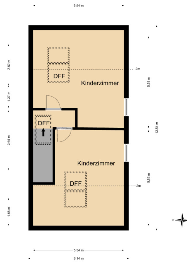 Grundrissplan eines Hauses mit zwei Kinderzimmern, Türen und Fenstern