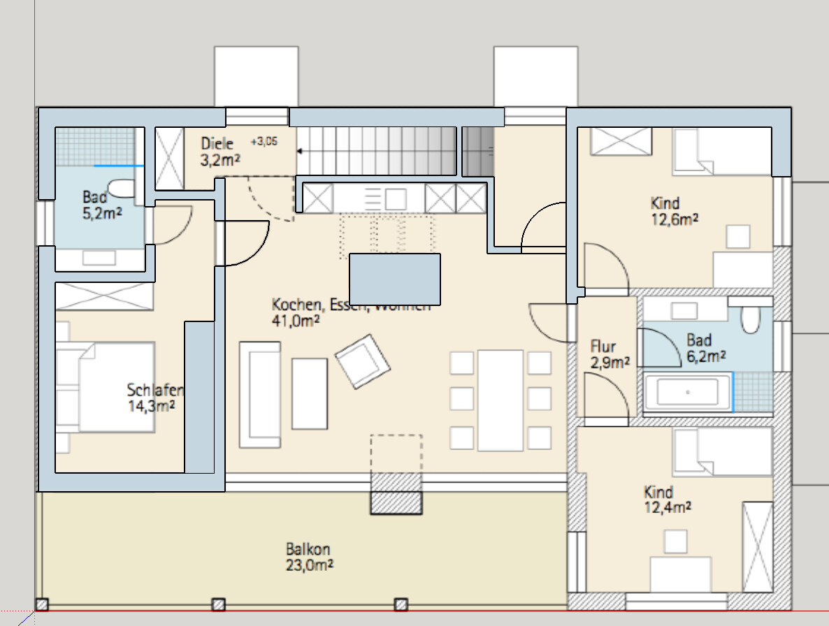 Grundriss: Wohnbereich mit Küche, Flur, Schlafzimmer, zwei Kinderzimmer, zwei Bäder, Balkon.