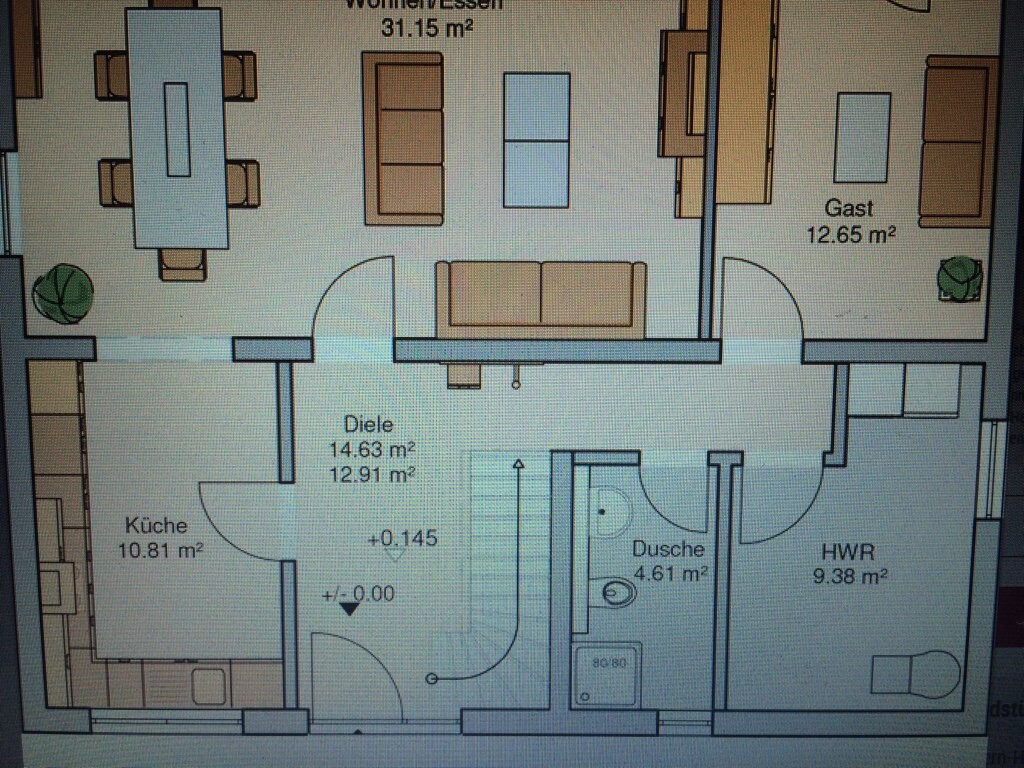 Grundriss einer Wohnung mit Küche, Diele, Dusche, HWR, Gästezimmer und Wohnzimmer.