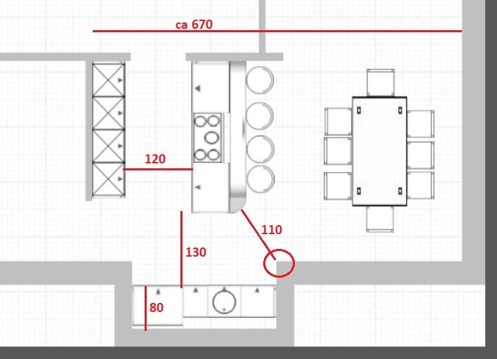 Grundriss einer Küche mit Insel, Herd, Spüle und Esstisch samt Stühlen
