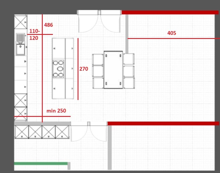 2D-Grundrissplan mit Küche, Insel, Esstisch und offenem Wohnbereich