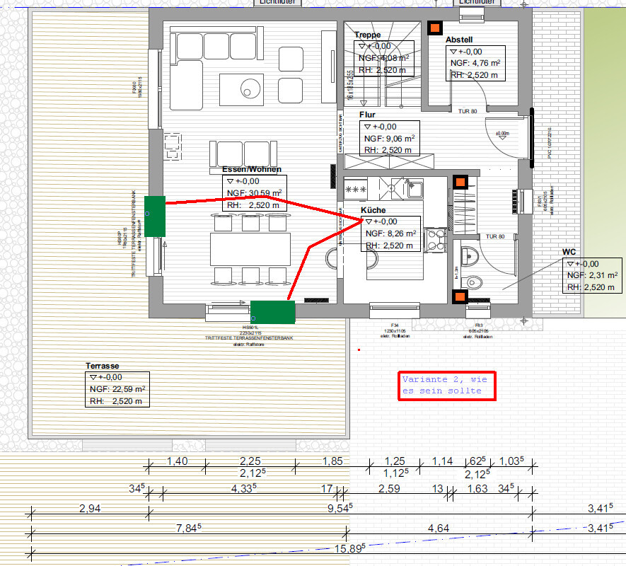 Grundriss eines Wohn-/Küchenbereichs mit Flur, Treppe, WC und Terrasse.