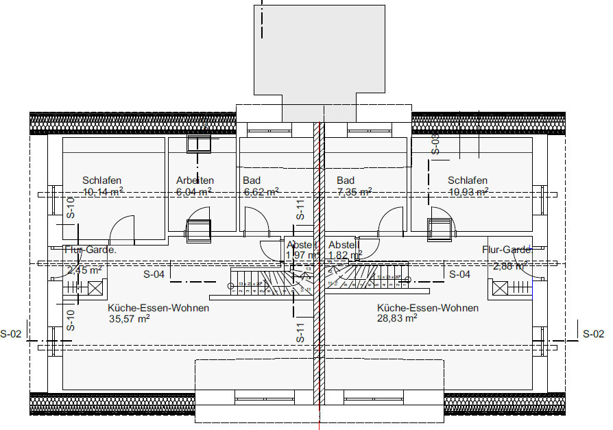 Zwei spiegelbildliche Wohneinheiten im Grundriss, zentrale Treppe, Küche-Essen-Wohnen, Schlaf-/Bad.