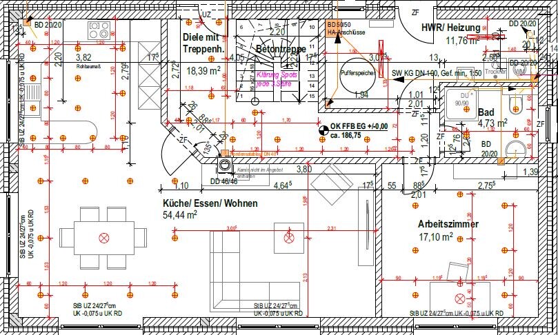 Grundrissplan einer Wohnung mit Küche, Essbereich, Wohnzimmer und Arbeitszimmer