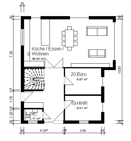 2D-Grundriss eines Hauses mit Küche, Essbereich, Wohnen, Büro und HWR
