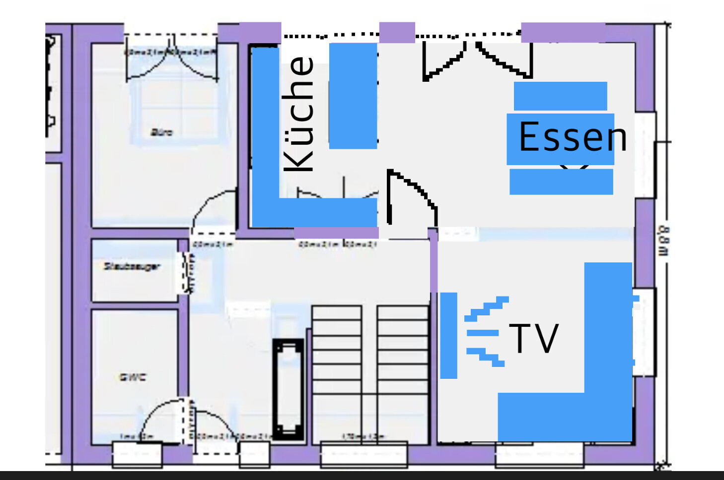 Grundriss eines Hauses mit Küche und Essbereich, farblich markierte Bereiche.