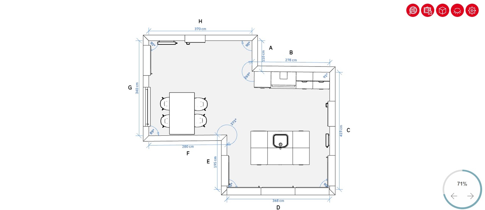 Grundriss einer Küche mit Esstisch (6 Stühle) links, Insel mit Spüle rechts, Schränke umlaufend.