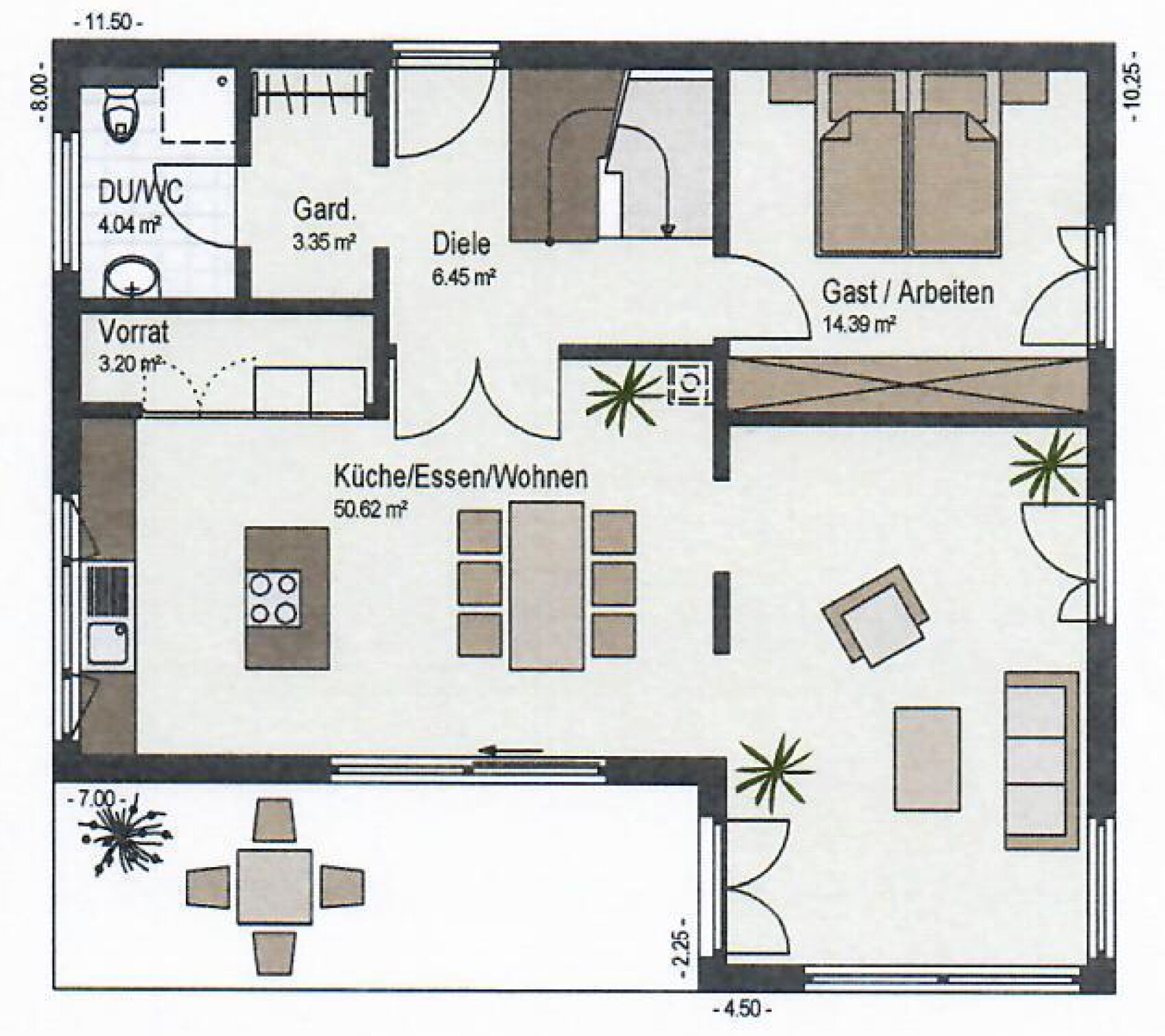 Grundriss einer Wohnung: Küche/Essen/Wohnen, Gast/Arbeiten, Diele, Garderobe, DU/WC.