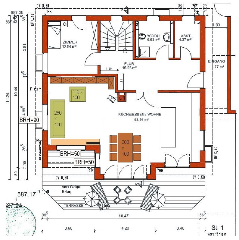 Grundriss eines Hauses mit Küche, Essen/Wohnen, Zimmer, Flur, Bad, Terrasse und Eingang.