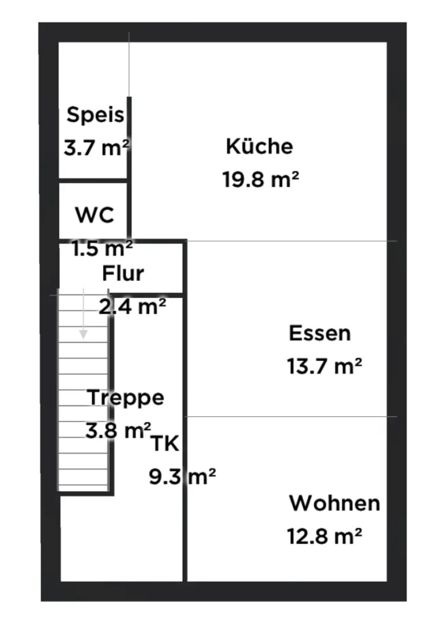 Grundriss eines Hauses: Küche 19.8 m², Essen 13.7 m², Wohnen 12.8 m², Treppe 9.3 m²