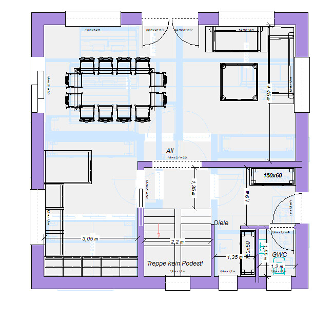 Grundrissplan eines Hauses mit offener Küche, Esstisch, Wohnzimmer und Treppe