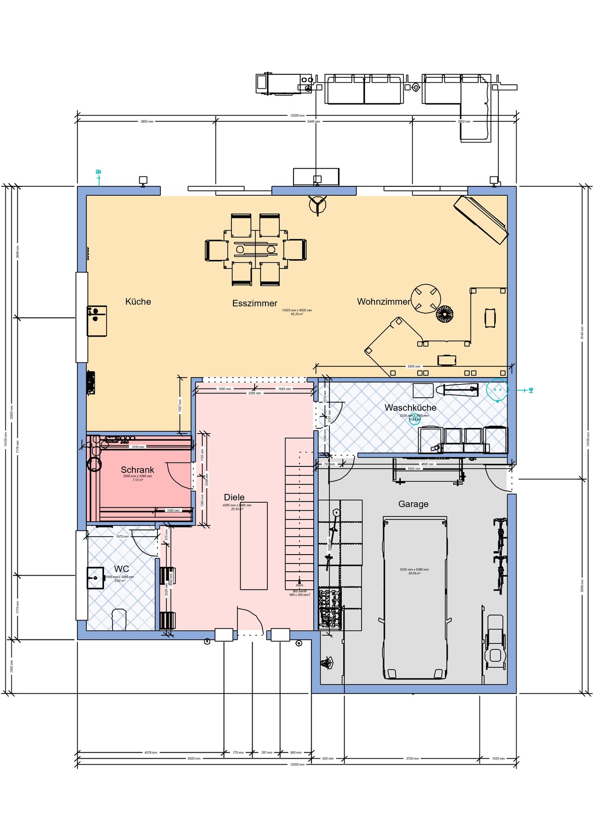 Grundriss eines Hauses: Küche, Esszimmer, Wohnzimmer, Diele, Waschküche, Garage, WC, Schrank.