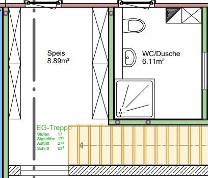 2D Grundriss des Erdgeschosses mit Speis, WC/Dusche und Treppe