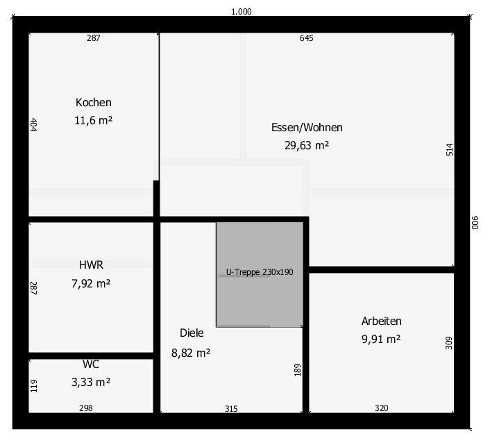 Grundriss eines Hauses mit Küchen, Essen/Wohnen, Diele, HWR, WC, Arbeiten und U-Treppe.