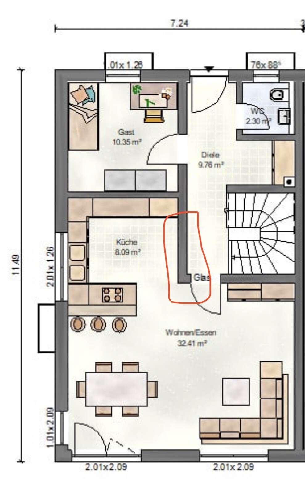 Grundriss eines Apartments: Küche, Wohnen/Essen, Gastzimmer, Diele, Treppenhaus, WC.