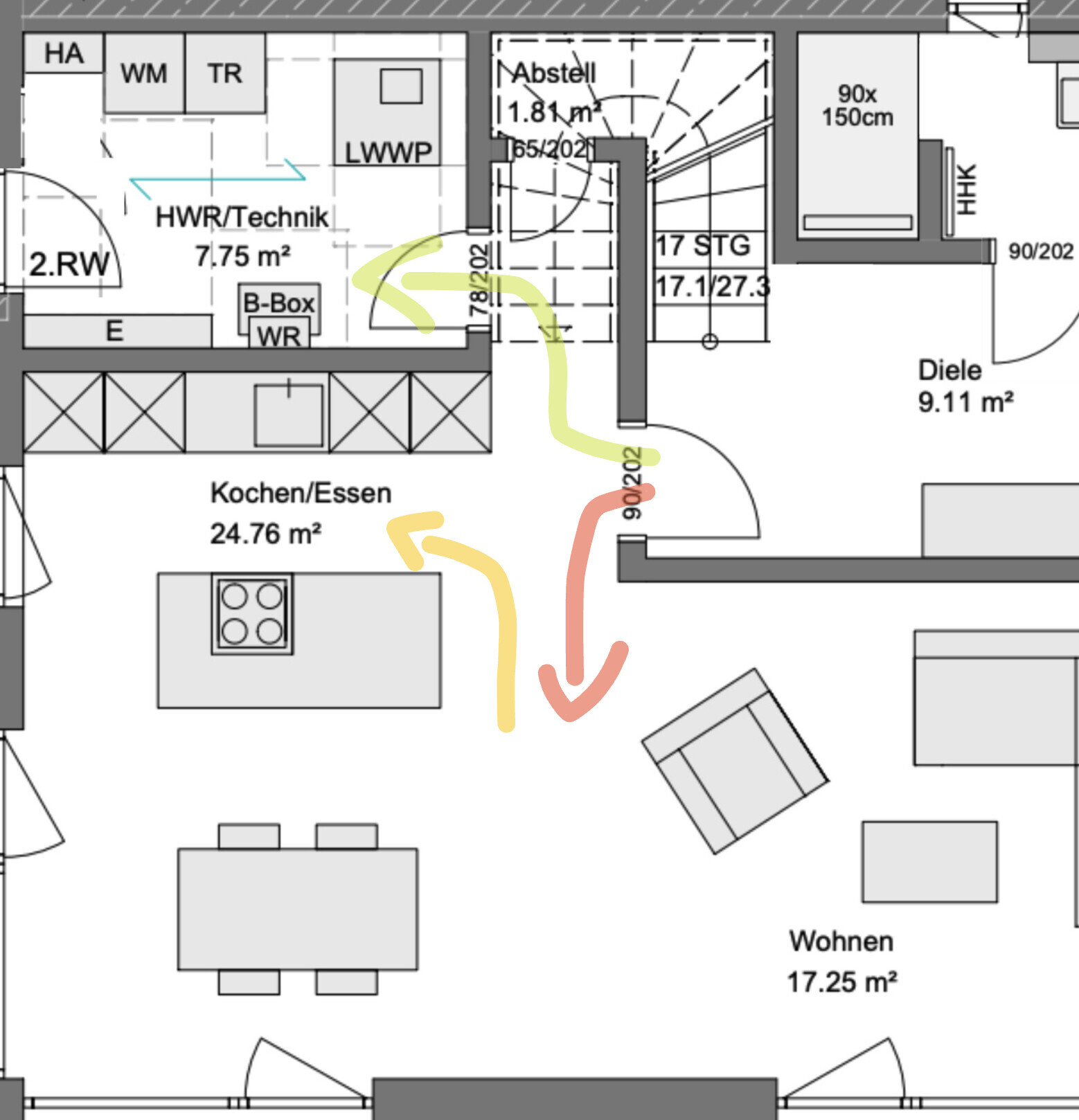 Grundriss: Kochen/Essen, Wohnen, Diele, Technik/HWR; Pfeile markieren Wege.